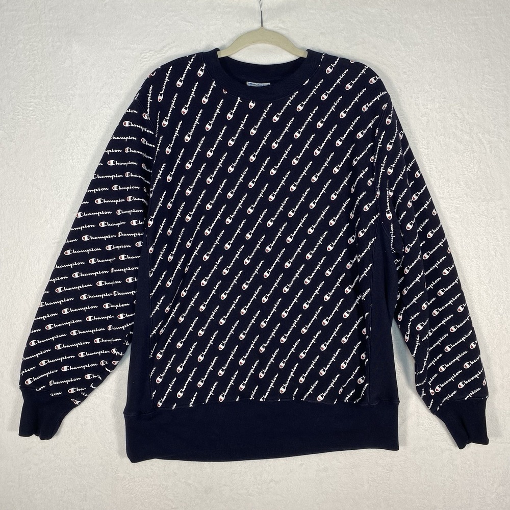 VTG Champion‎ Reverse Weave All Over Logo Print Pullover Crew Sweatshirt Size L